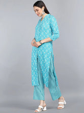 Women Turquoise Blue Ethnic Motifs Printed Pure Cotton Kurta With Trousers